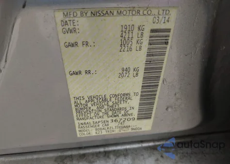 2014 Nissan Altima 2.5 S z USA, uszkodzony, nr VIN 1N4AL3AP5EN367209